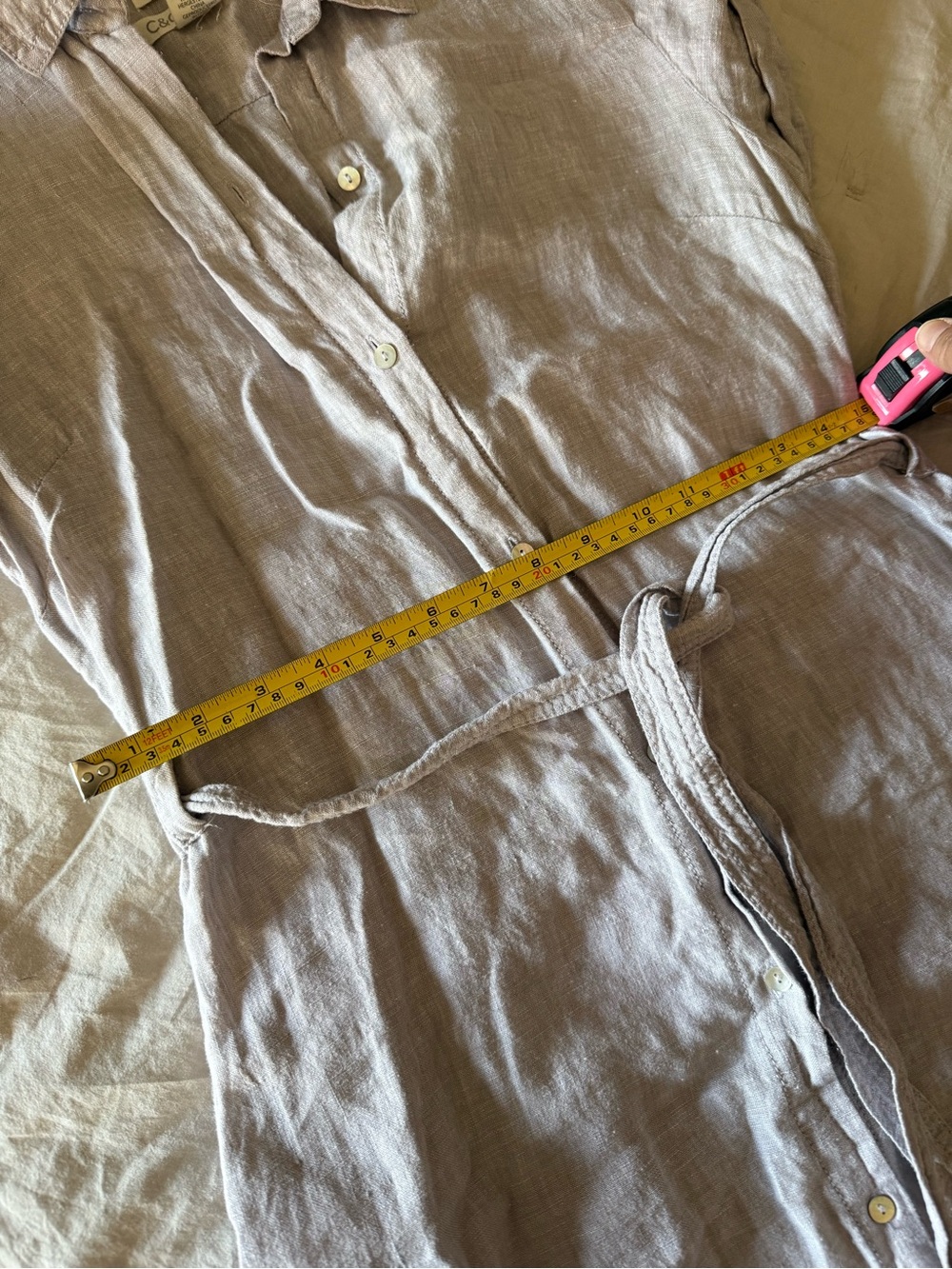 C&C California Light gray Linen Midi Shirt Dress with Tie Waist. - Picture 6 of 10